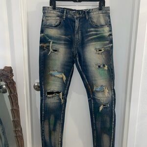 NWT Kloud9 34 x 32 Blue Slim Straight Span Denim Multi-Rip distressed Jeans $120